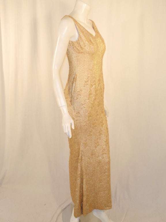 Martier Raymond V-neck Gold Glass Beaded Evening Gown at 1stDibs
