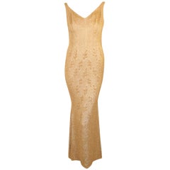 Vintage Martier Raymond V-neck Gold Glass Beaded Evening Gown