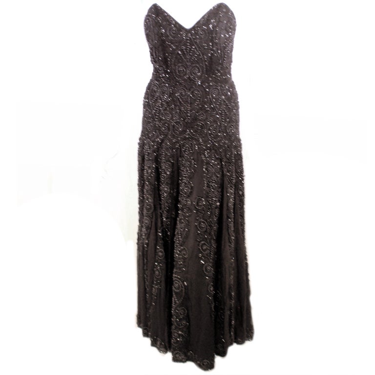 Eaves & Brown for Saks 5th Ave. Black Hand beaded Strapless Evening Gown For Sale