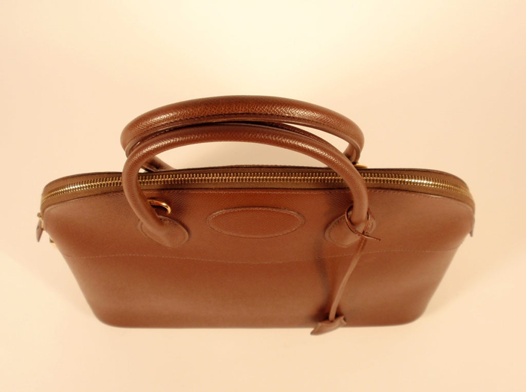 1997 Hermes Cafe Brown Leather Bolide 35cm Zip Top Handle Bag w. Lock & Keys For Sale 1