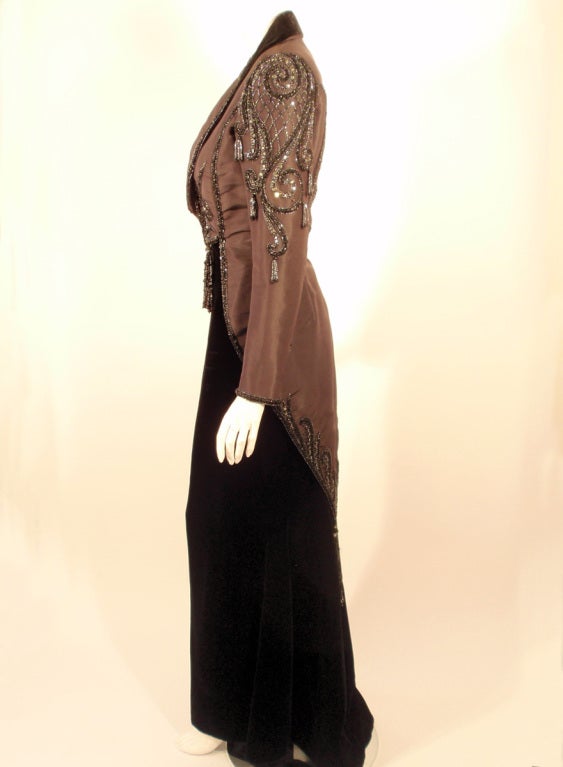 Women's Bob Mackie 2 pc. Beaded Black Strapless Velvet Gown, Grey Jacket