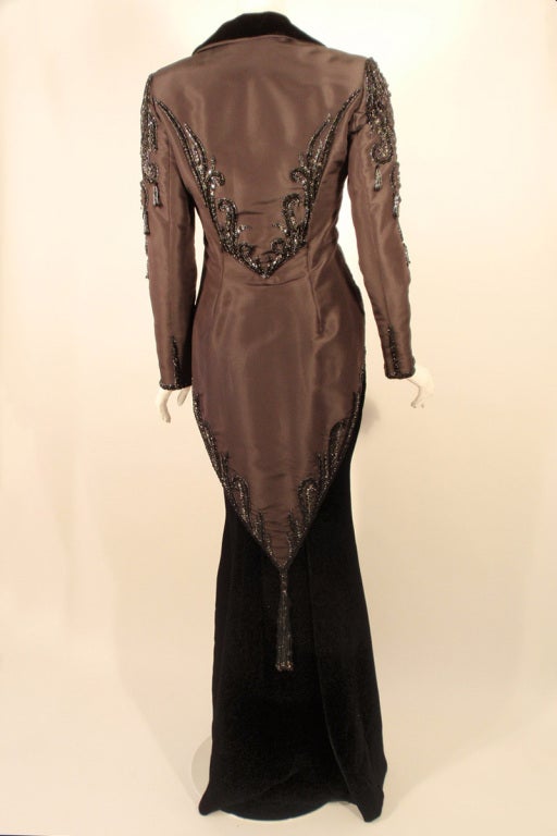 Bob Mackie 2 pc. Beaded Black Strapless Velvet Gown, Grey Jacket 1