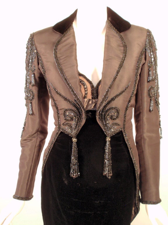 Bob Mackie 2 pc. Beaded Black Strapless Velvet Gown, Grey Jacket 5
