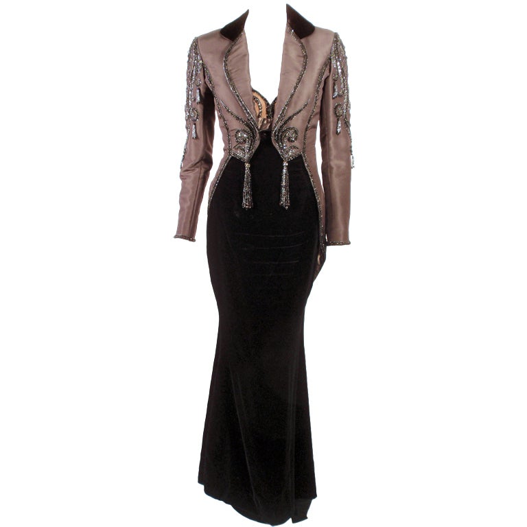 Bob Mackie 2 pc. Beaded Black Strapless Velvet Gown, Grey Jacket