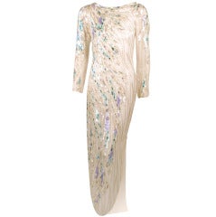 Bob Mackie White Long Sleeve Gown, Beaded & Sequins 10