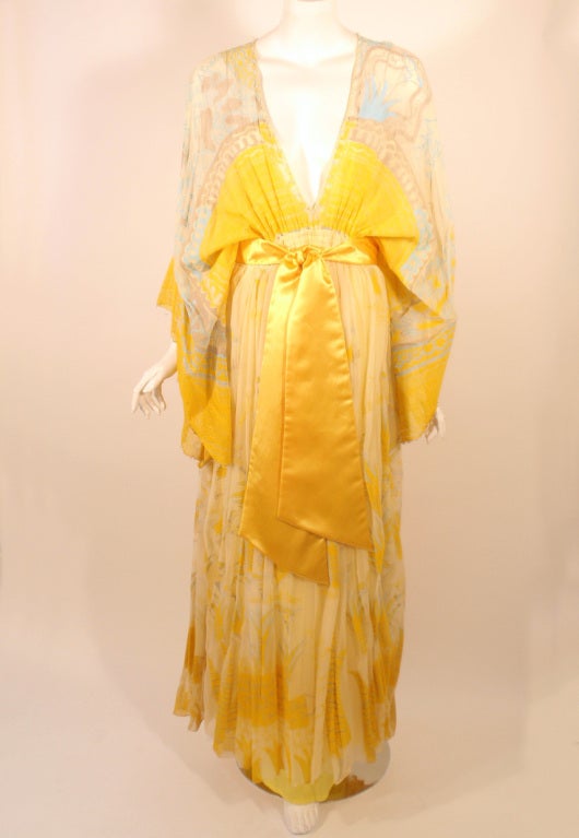 Zandra Rhodes 3 pc Yellow Lilies Print Gown, Underskirt, Sash
