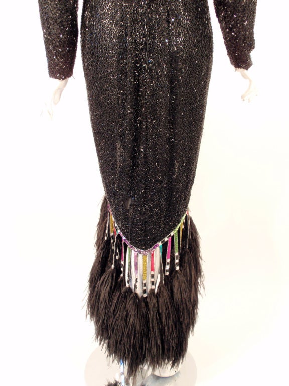 Women's Bob Mackie Black Sequin Gown with Arrow design High Low Feather trim Hem