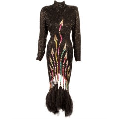Bob Mackie Black Sequin Gown with Arrow design High Low Feather trim Hem 12