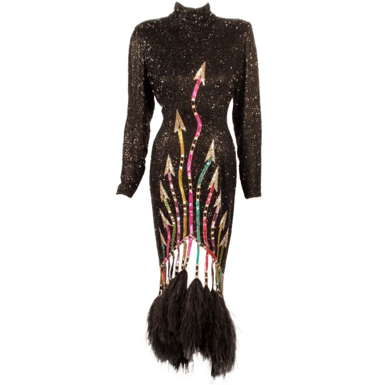 Bob Mackie Black Sequin Gown with Arrow design High Low Feather trim Hem