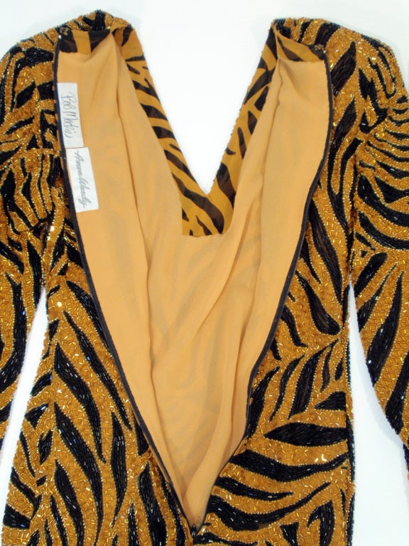 Bob Mackie Orange & Black Beaded Tiger Print with Black Chiffon Gown For Sale 2