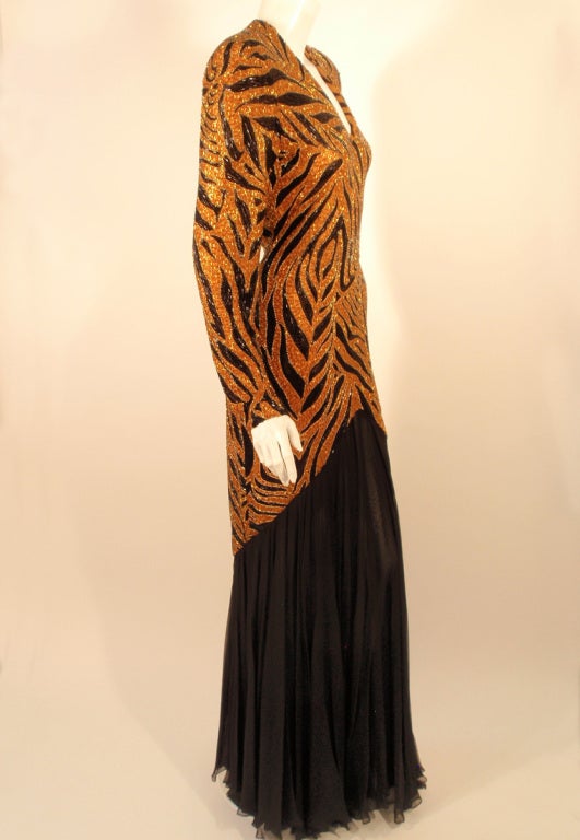 Brown Bob Mackie Orange & Black Beaded Tiger Print with Black Chiffon Gown For Sale