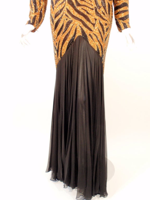 Bob Mackie Orange & Black Beaded Tiger Print with Black Chiffon Gown For Sale 1