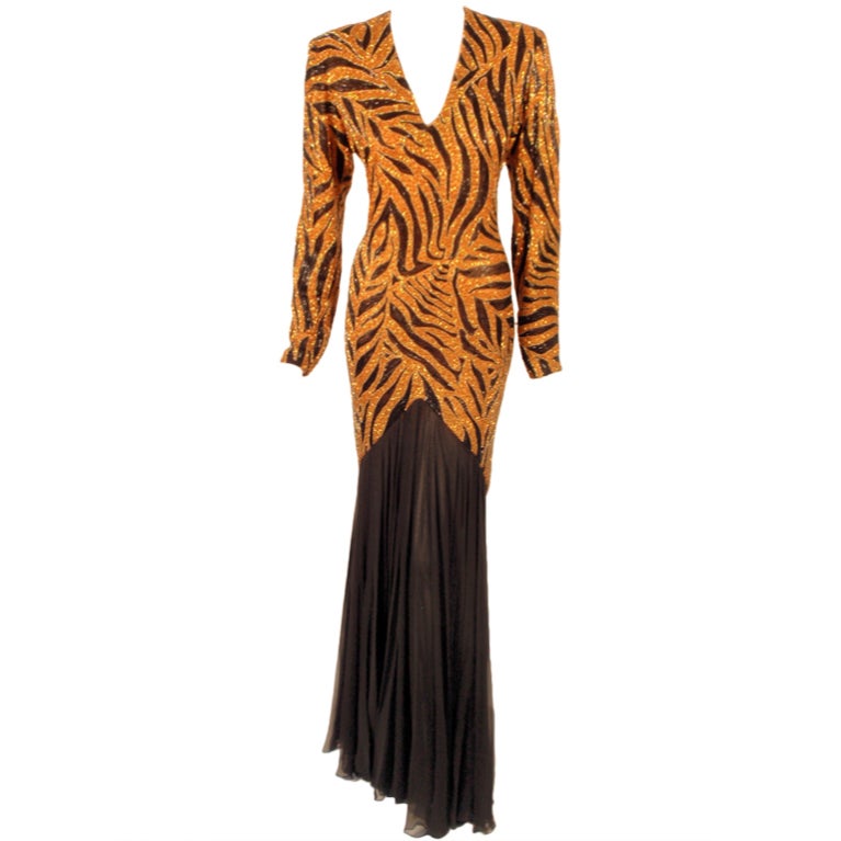 Bob Mackie Orange & Black Beaded Tiger Print with Black Chiffon Gown For Sale