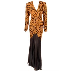 Bob Mackie Orange & Black Beaded Tiger Print with Black Chiffon Gown