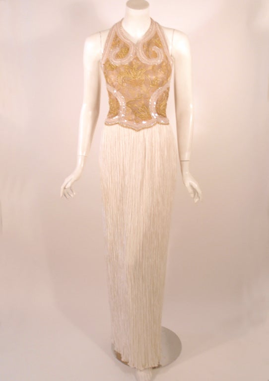 Mary McFadden Couture Gold & White Beaded Bodice Halter Neck Gown  In Excellent Condition In Los Angeles, CA