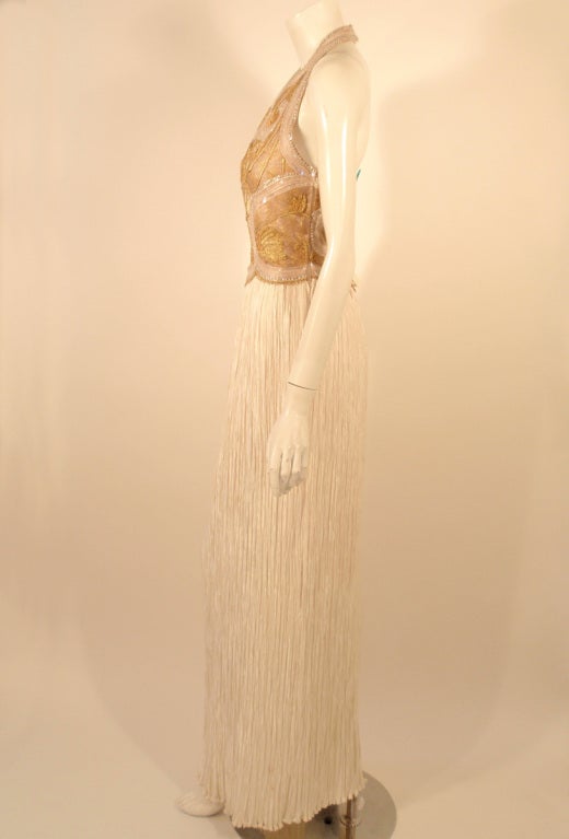 Women's Mary McFadden Couture Gold & White Beaded Bodice Halter Neck Gown