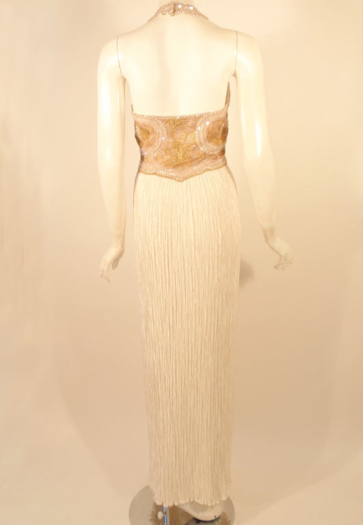 Mary McFadden Couture Gold & White Beaded Bodice Halter Neck Gown  1