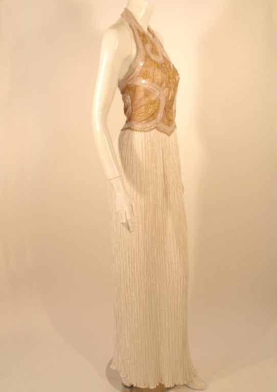 Mary McFadden Couture Gold & White Beaded Bodice Halter Neck Gown  2