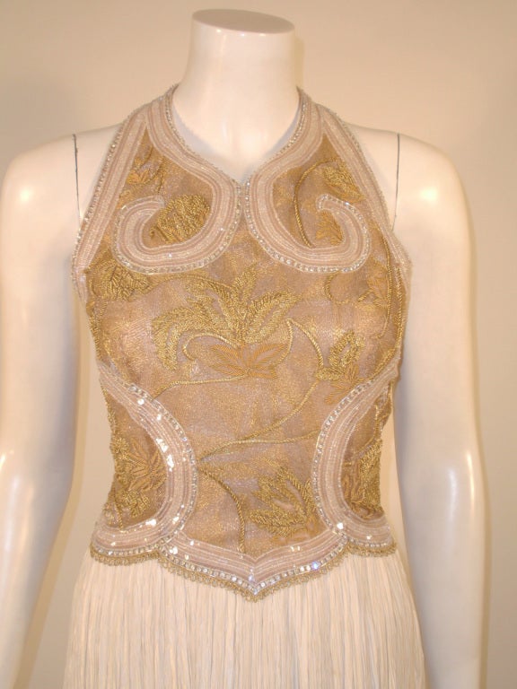 Mary McFadden Couture Gold & White Beaded Bodice Halter Neck Gown  3