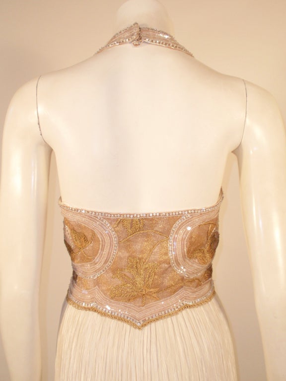 Mary McFadden Couture Gold & White Beaded Bodice Halter Neck Gown  4