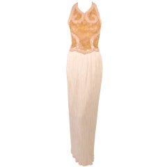 Mary McFadden Couture Gold & White Beaded Bodice Halter Neck Gown 11