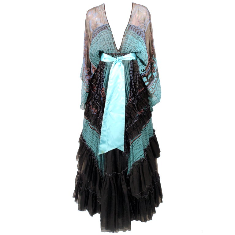Zandra Rhodes 3 pc Black & Blue Print Gown, Underskirt, Sash