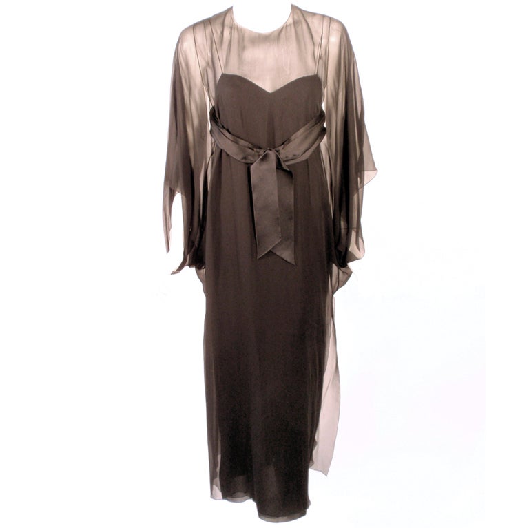 Jacqueline de Ribes Black Silk Chiffon Slip Dress w/ Caftan For Sale