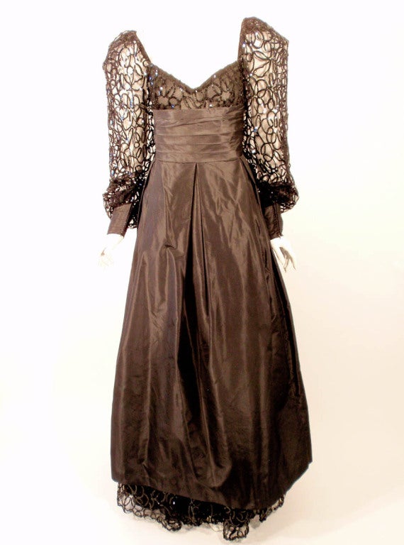 1980's Loris Azzaro Black Taffeta Gown w. Sculpted Lace Sequin Sleeves & Hem In Excellent Condition For Sale In Los Angeles, CA