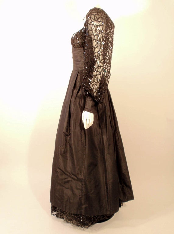 Women's 1980's Loris Azzaro Black Taffeta Gown w. Sculpted Lace Sequin Sleeves & Hem For Sale