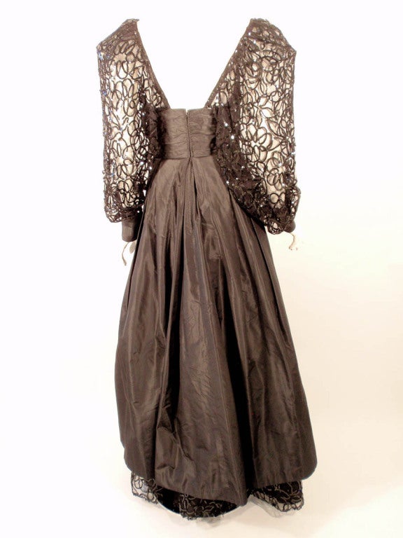 1980's Loris Azzaro Black Taffeta Gown w. Sculpted Lace Sequin Sleeves & Hem For Sale 1