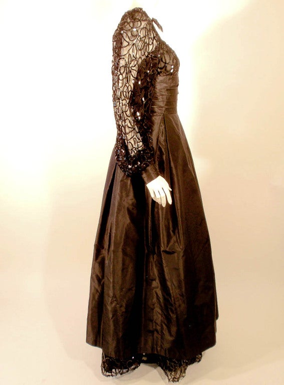 1980's Loris Azzaro Black Taffeta Gown w. Sculpted Lace Sequin Sleeves & Hem For Sale 2