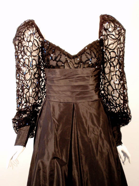 1980's Loris Azzaro Black Taffeta Gown w. Sculpted Lace Sequin Sleeves & Hem For Sale 3