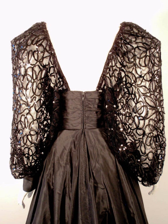 1980's Loris Azzaro Black Taffeta Gown w. Sculpted Lace Sequin Sleeves & Hem For Sale 4