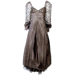 1980's Loris Azzaro Black Taffeta Gown w. Sculpted Lace Sequin Sleeves & Hem 12