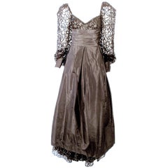 1980's Loris Azzaro Black Taffeta Gown w. Sculpted Lace Sequin Sleeves & Hem
