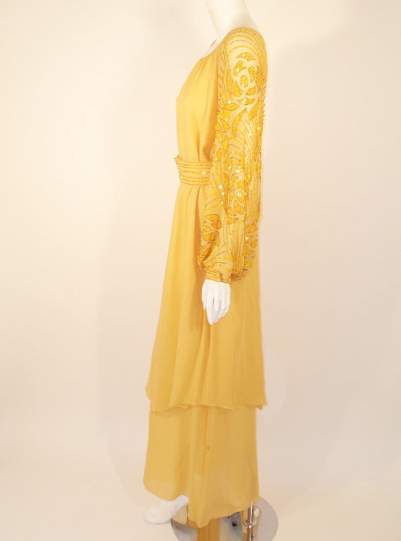 Rety Paris 1970's 2 Pc. Yellow Chiffon Evening Gown w/ Sequin Sleeves ...