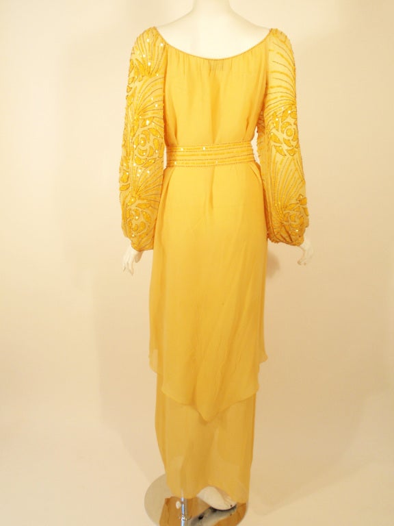 Orange Rety Paris 1970's 2 Pc. Yellow Chiffon Evening Gown w/ Sequin Sleeves, Belt For Sale