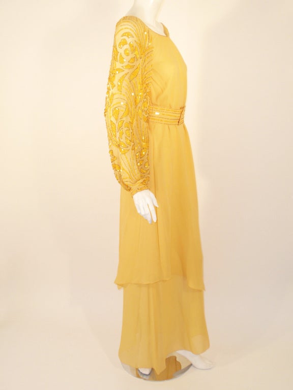 Rety Paris 1970's 2 Pc. Yellow Chiffon Evening Gown w/ Sequin Sleeves, Belt In Excellent Condition For Sale In Los Angeles, CA