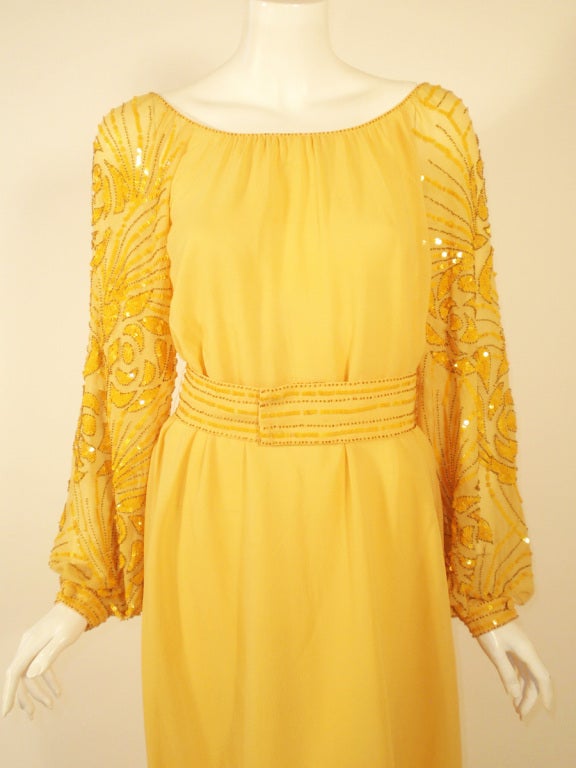 Women's Rety Paris 1970's 2 Pc. Yellow Chiffon Evening Gown w/ Sequin Sleeves, Belt For Sale