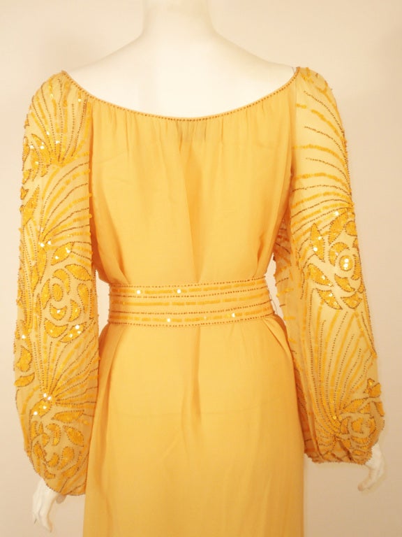 Rety Paris 1970's 2 Pc. Yellow Chiffon Evening Gown w/ Sequin Sleeves, Belt For Sale 1