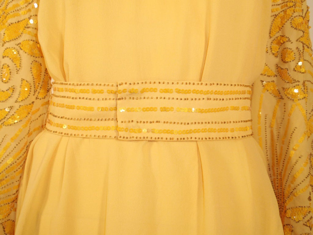 Rety Paris 1970's 2 Pc. Yellow Chiffon Evening Gown w/ Sequin Sleeves, Belt For Sale 2