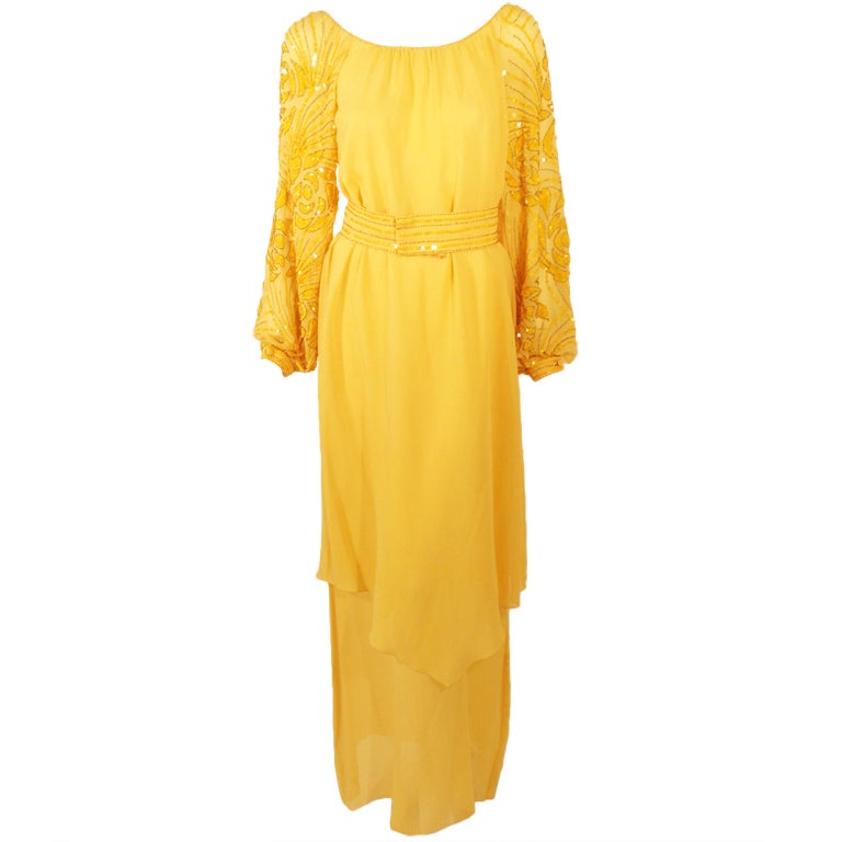 Rety Paris 1970's 2 Pc. Yellow Chiffon Evening Gown w/ Sequin Sleeves, Belt