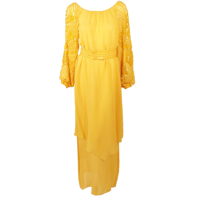 Rety Paris 1970's 2 Pc. Yellow Chiffon Evening Gown W/ Sequin Sleeves, Belt