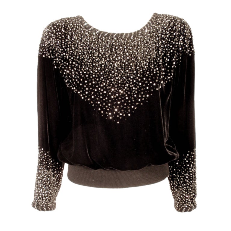 Valentino Night Black Velvet Evening Top Silver & Black Sequins