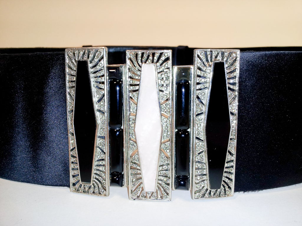 Judith Leiber Black Silk Satin Wide Belt w/ Art Deco Buckle 2