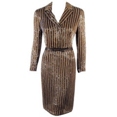 Badgley Mischka Black Chiffon Dress with Gold Navy beads and leather belt 3