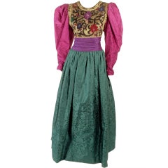 Vintage Oscar de la Renta Green, Purple, Pink Gown w/ Beaded Bodice