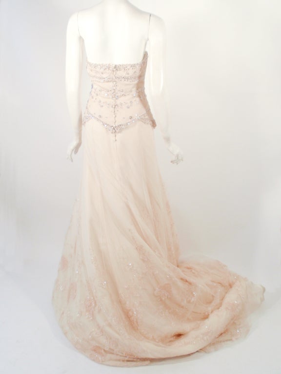 Badgley Mischka Vestido de novia sin tirantes con pedrería y cola, color crema Beige en venta