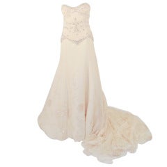 Used Badgley Mischka Cream Beaded Strapless wedding Gown w/ Train