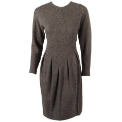 Vintage Geoffrey Beene Gray Wool Knit Long Sleeve Dress w/ Pleated Skirt